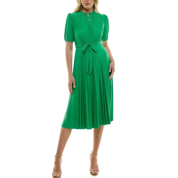 Nanette Lepore solid pleated dress with belt Size 14 Green - Picture 1 of 10